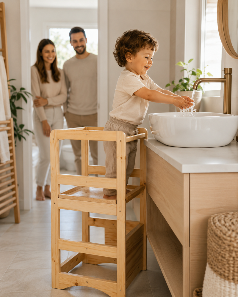 Torre de Aprendizagem Montessori 4 em 1 com Altura Regulável em Madeira para Crianças – Play Grow Kids